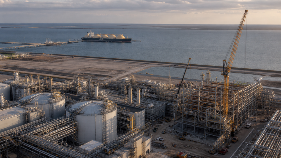 A planned LNG processing train beside an industrial shipping channel