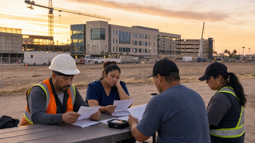 Illustration of Rio Grande Valley workers reviewing pay information near new development