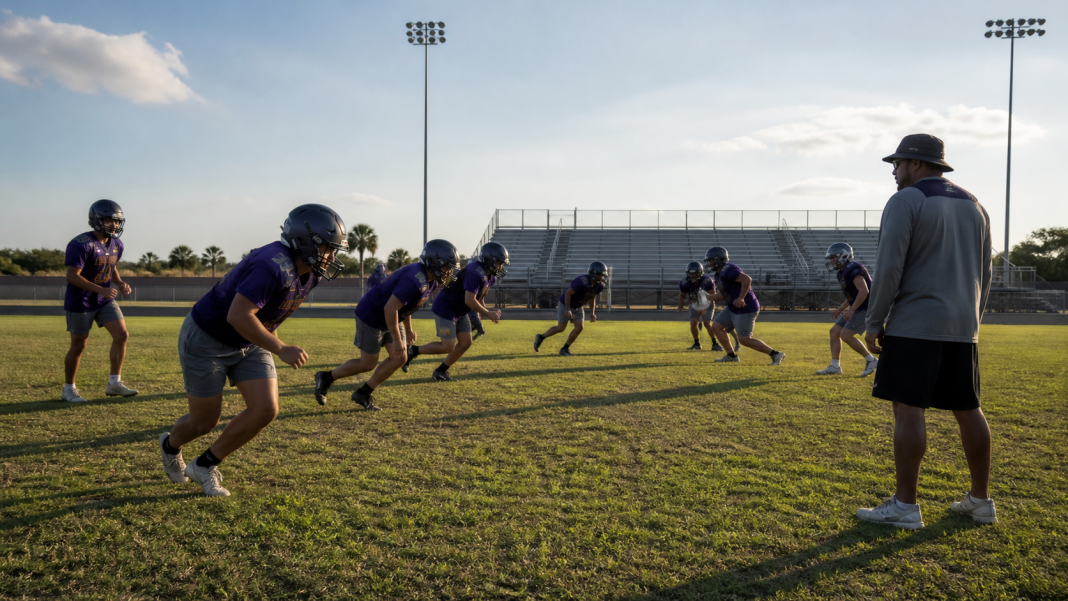 High school football players practicing on a South Texas field