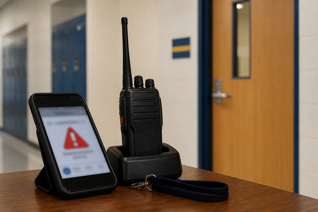 Generic mobile warning and school security radio in a hallway
