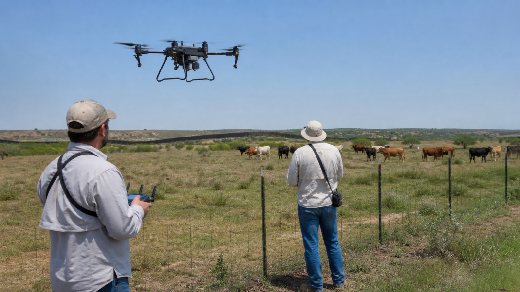 Technicians operate a survey drone near cattle in South Texas.