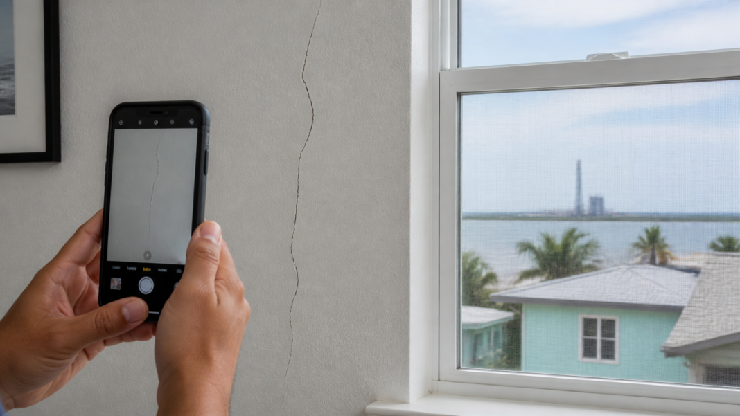 Illustration of a homeowner documenting a wall crack near a coastal launch area
