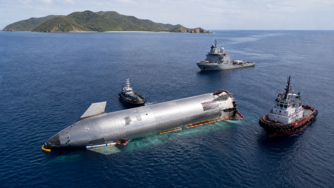 Illustration of an ocean recovery operation involving a reusable spacecraft