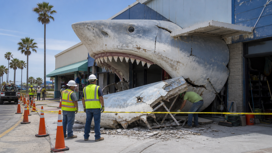 Illustration of a collapsed shark-shaped storefront entrance on South Padre Island