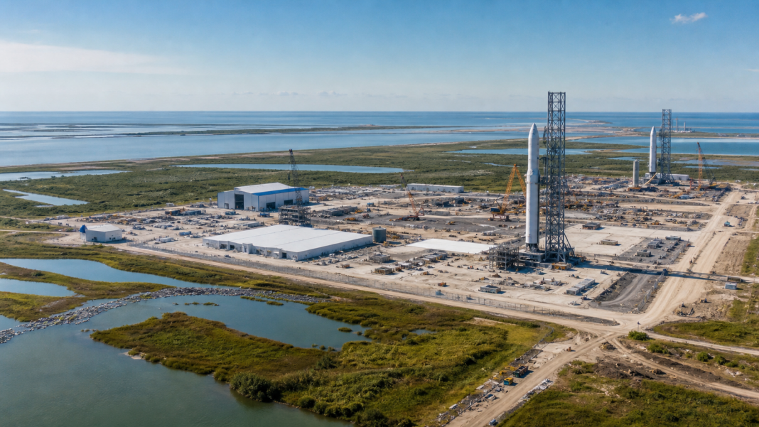A conceptual coastal commercial space launch campus