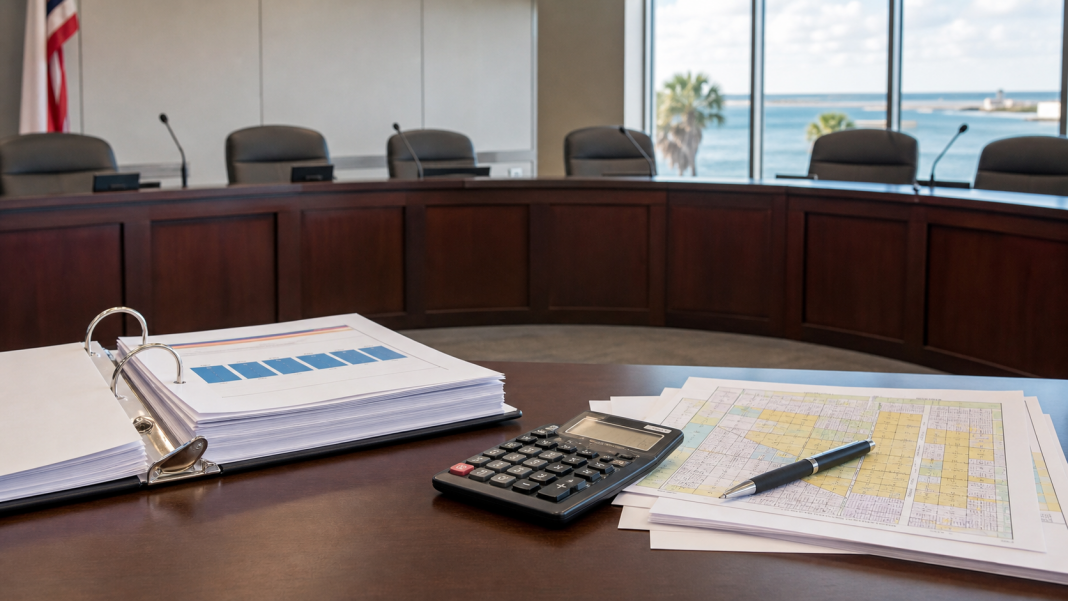 A municipal budget document beside a calculator and tax forms