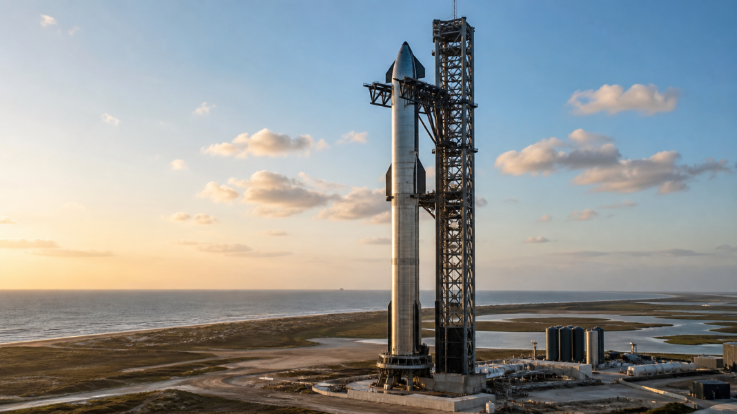 Generic heavy-lift reusable rocket at a South Texas coastal launch tower