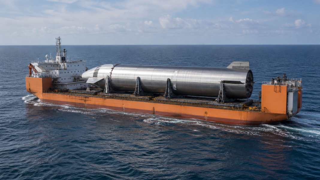 A large spacecraft secured aboard a recovery vessel at sea