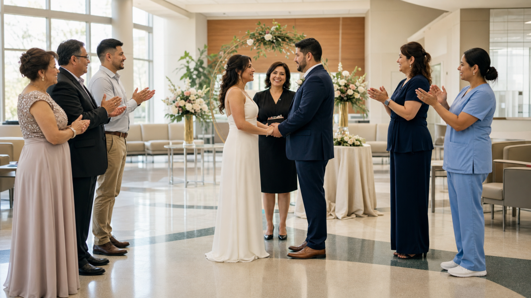 Illustration of a wedding ceremony arranged in a hospital lobby