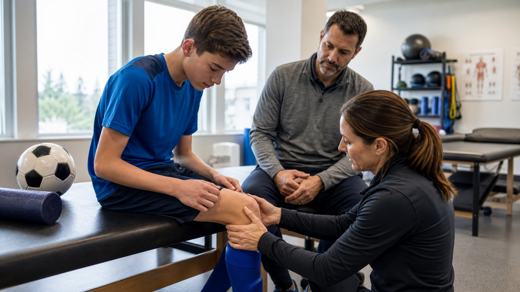 Youth athlete receiving guidance about sports injury prevention