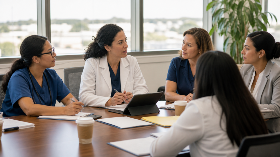 Women health care professionals meet in a South Texas hospital