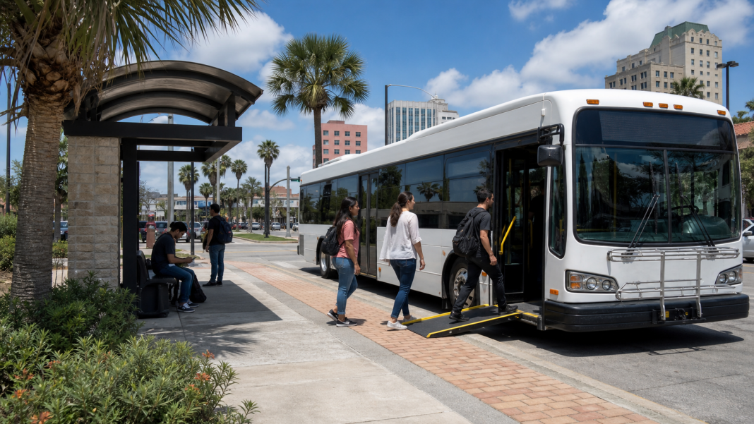 An accessible public transit bus serving a South Texas community
