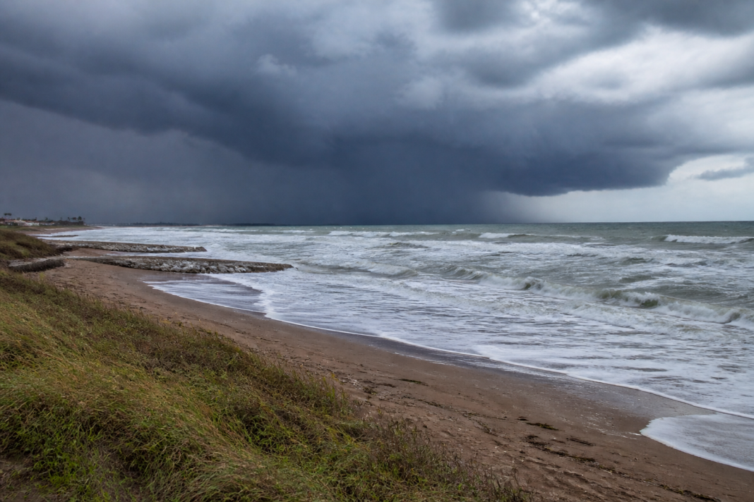 Dark storm clouds and rough surf along the Texas Gulf Coast