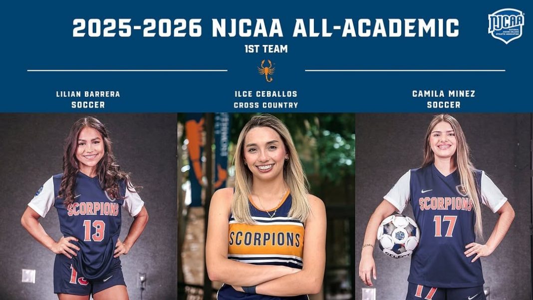 TSC NJCAA All-Academic First Team honorees Lilian Barrera, Ilce Ceballos and Camila Minez