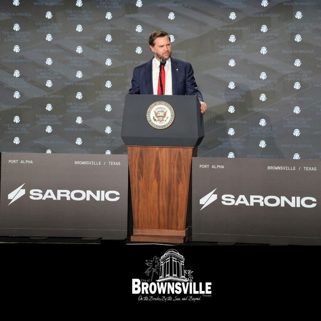 Vice President JD Vance speaks at a podium during the Port Alpha event in Brownsville.