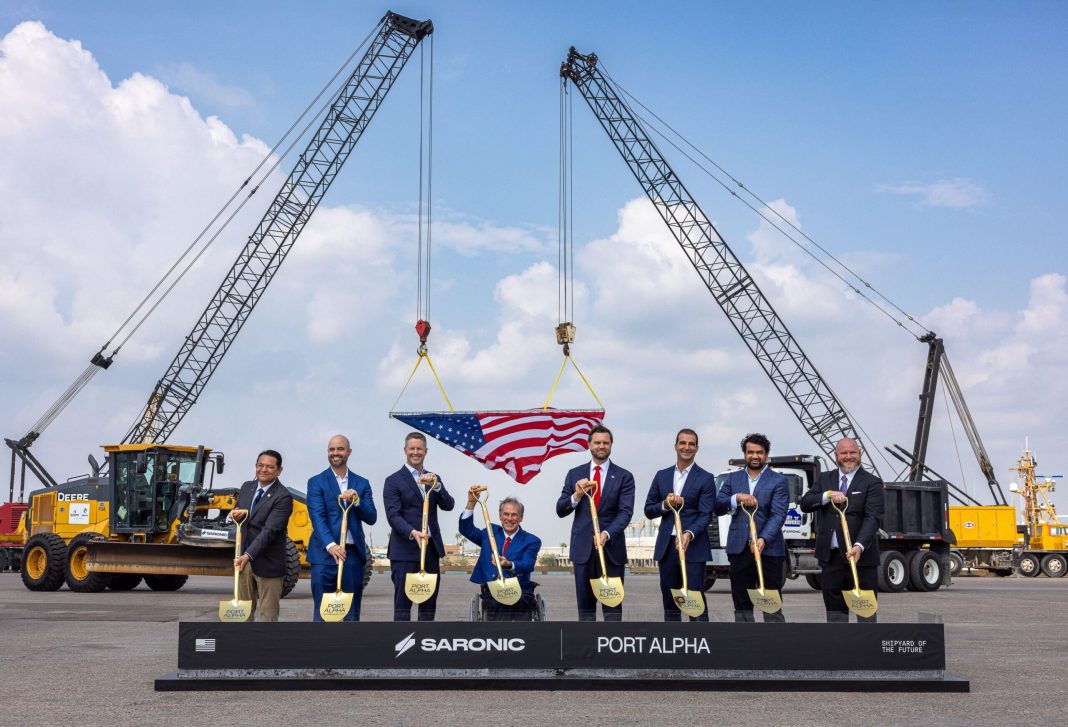 Saronic leaders and public officials, including Gov. Greg Abbott and Vice President JD Vance, hold shovels at the Port Alpha groundbreaking.