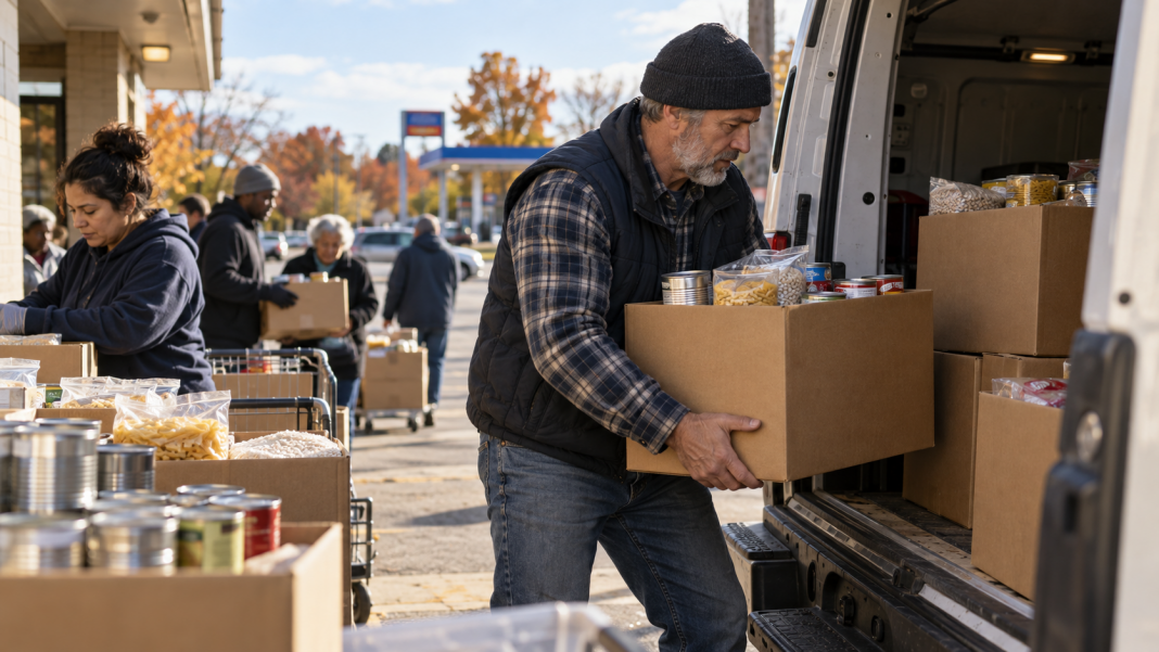 A food pantry volunteer loading grocery boxes into an unbranded delivery van near a fuel station
