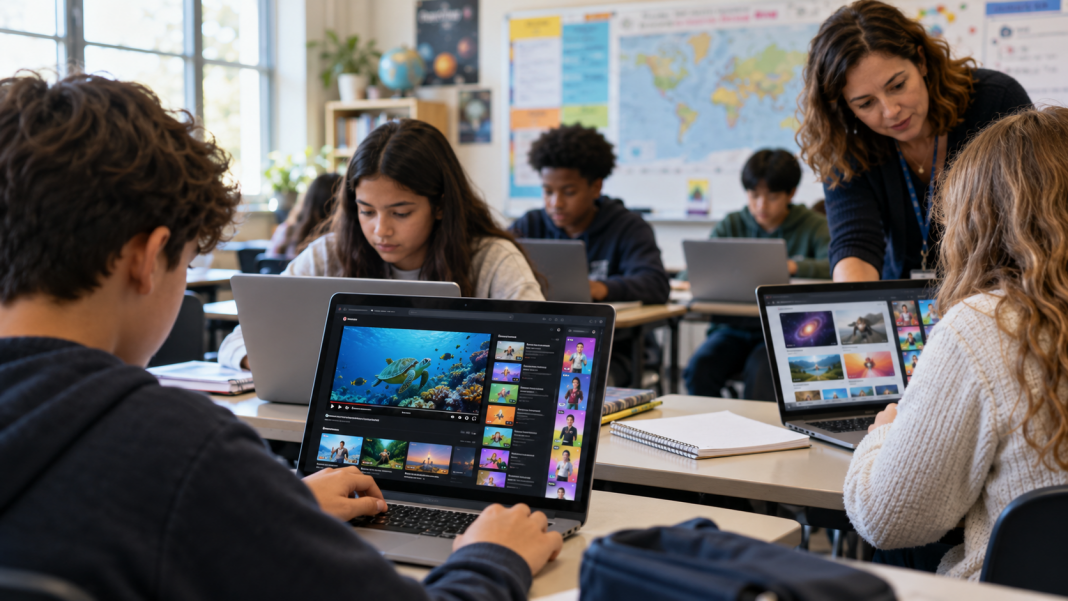 Students using school laptops as a teacher assists in a classroom with generic video thumbnails on a screen