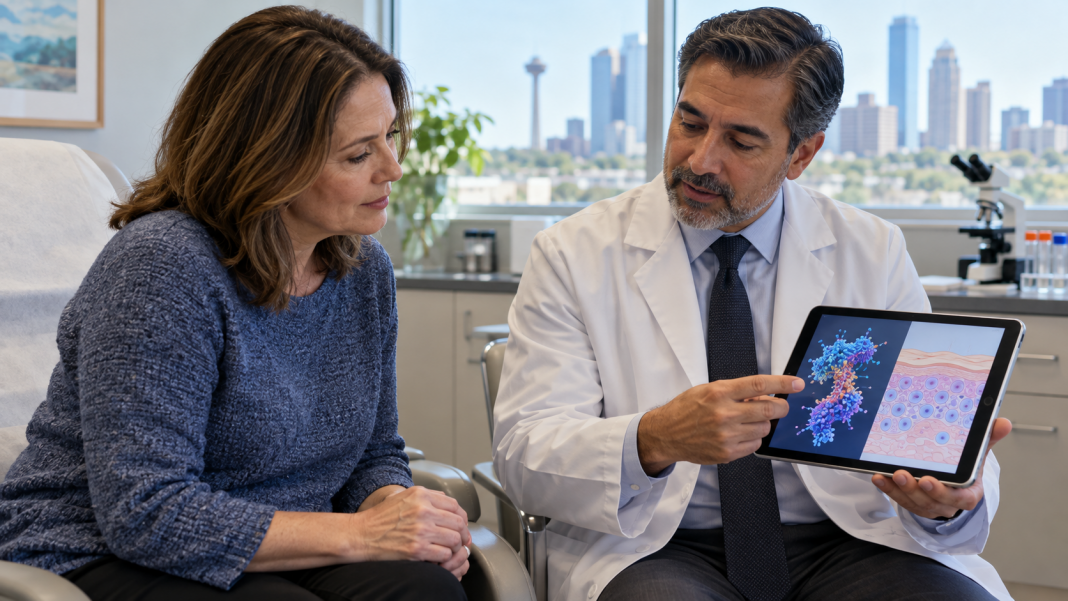 An oncology specialist discussing an individualized mRNA melanoma treatment with a patient