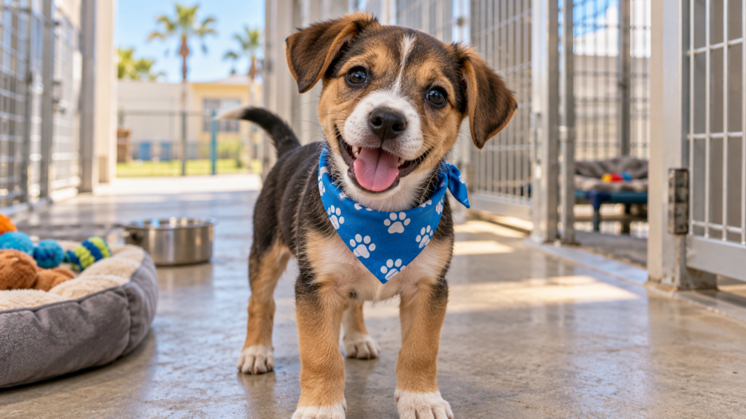 Illustration of a puppy at an animal adoption center