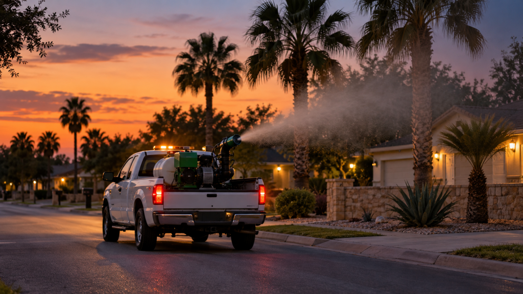 Illustration of municipal mosquito-control spraying at dusk