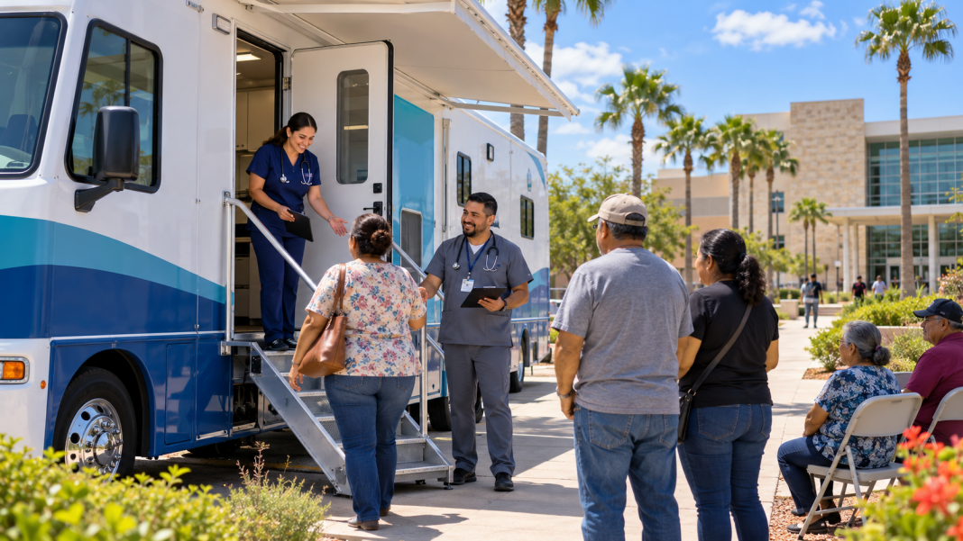 Illustration of a mobile health clinic serving a college campus