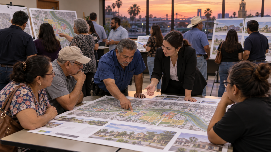 AI-generated illustration of Brownsville residents at a housing planning open house
