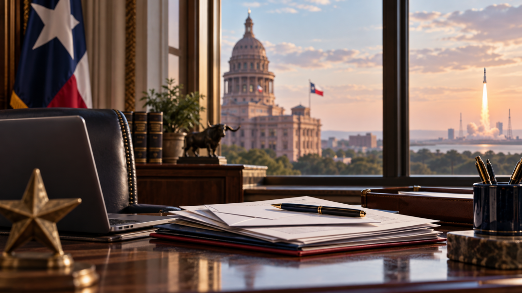 Illustration of a Texas government office with correspondence and a distant rocket launch
