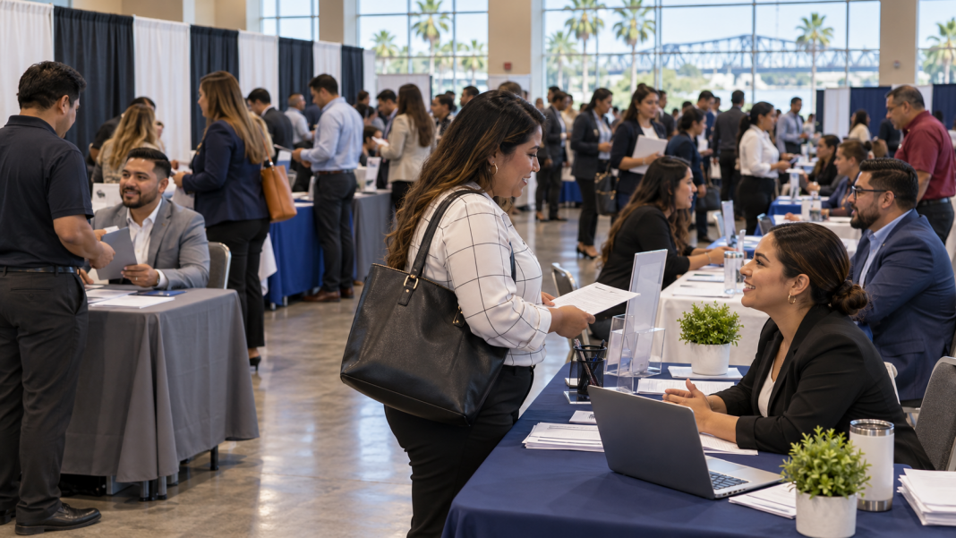 Illustration of job seekers speaking with employers at a career fair