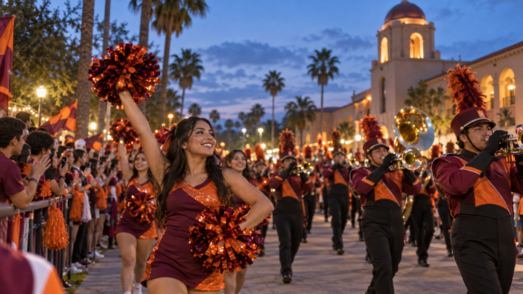 AI-generated illustration of a university homecoming parade in Brownsville