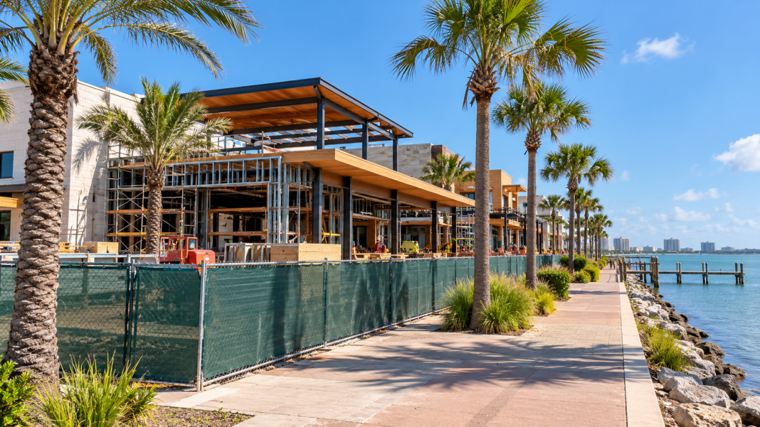 Illustration of commercial construction on a coastal street