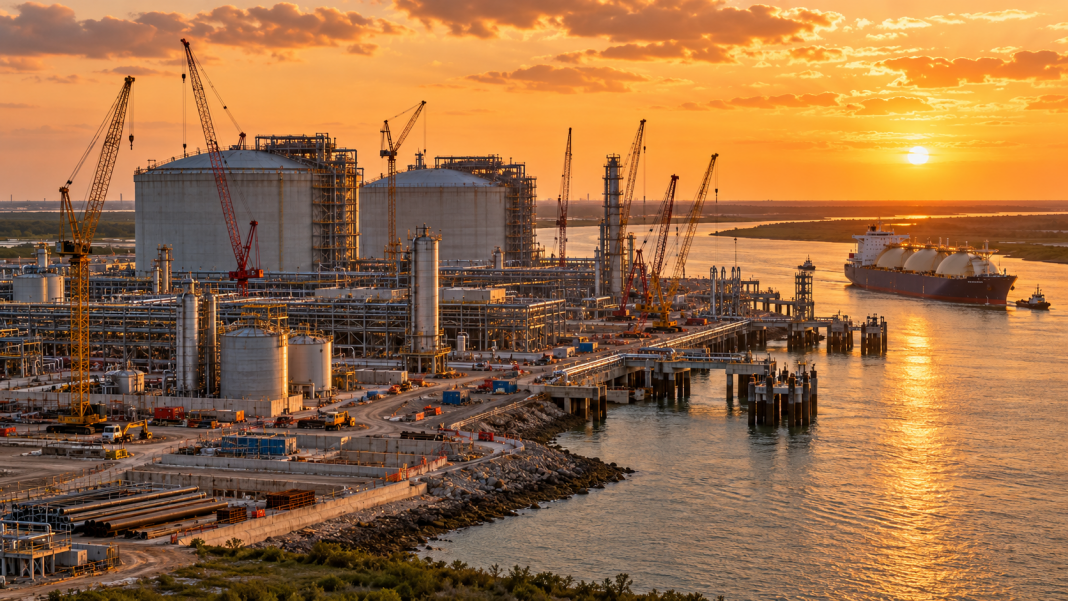 Illustration of liquefied natural gas infrastructure near a shipping channel