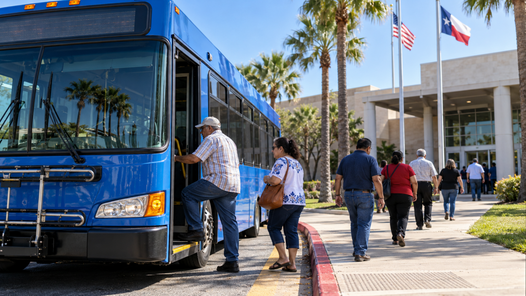 Illustration of a city bus and voters near a polling location