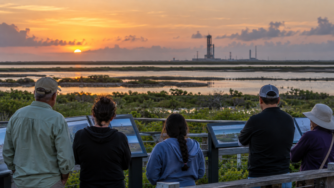 Illustration of community members viewing a distant South Texas launch site