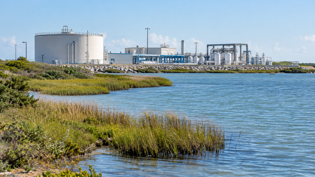 Illustration of a coastal water treatment facility near marshland