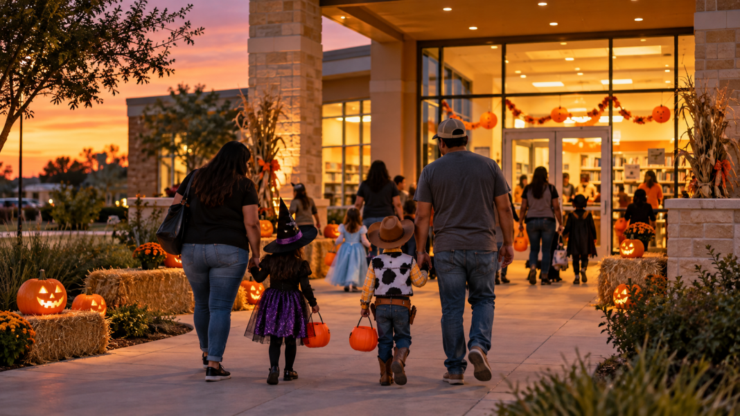 Illustration of families arriving for a Halloween event at a public library