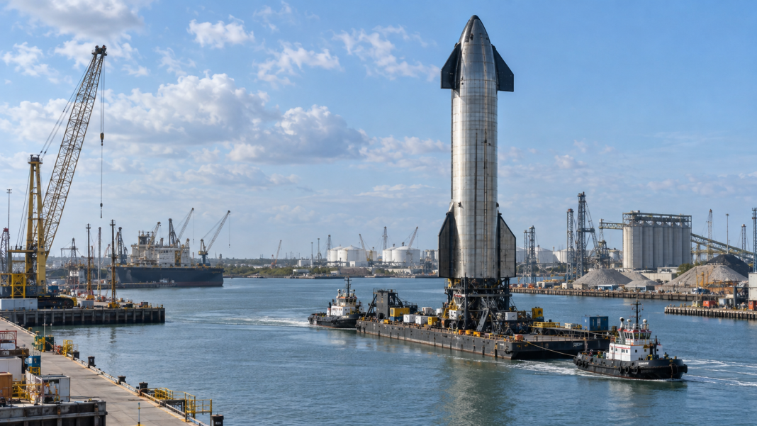 Illustration of a reusable spacecraft prototype being transported through a Texas port