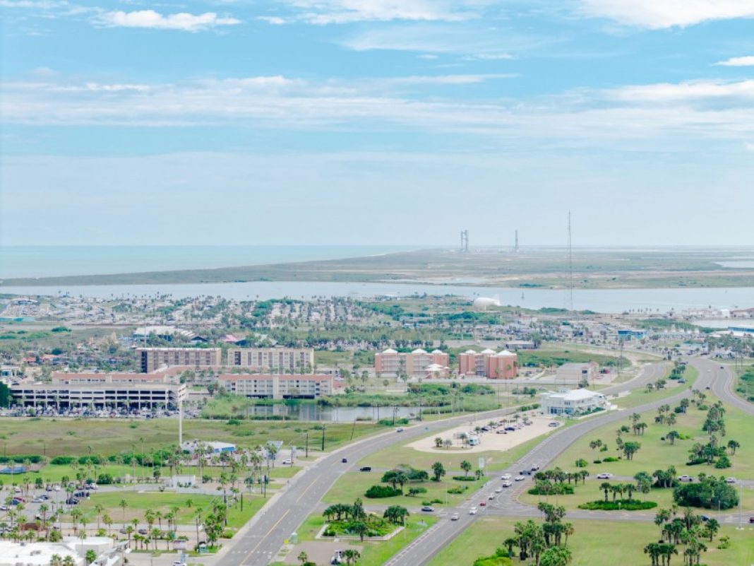 SpaceX Starship on a launchpad beyond South Padre Island